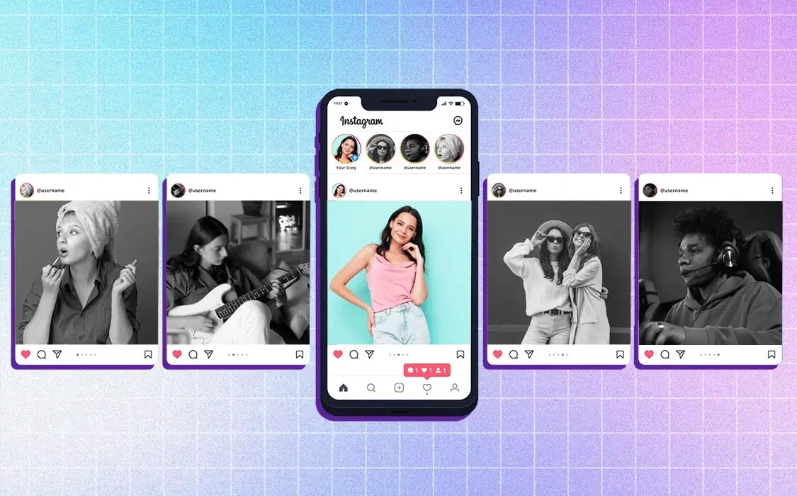 Photo collage of a phone with its screen showing the different types of influencers on Instagram.