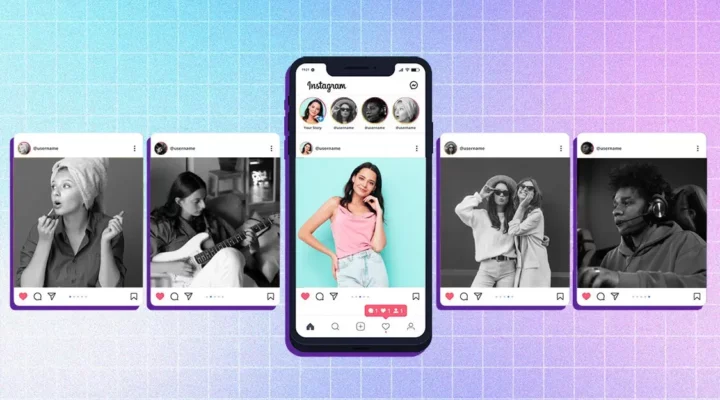 Photo collage of a phone with its screen showing the different types of influencers on Instagram.