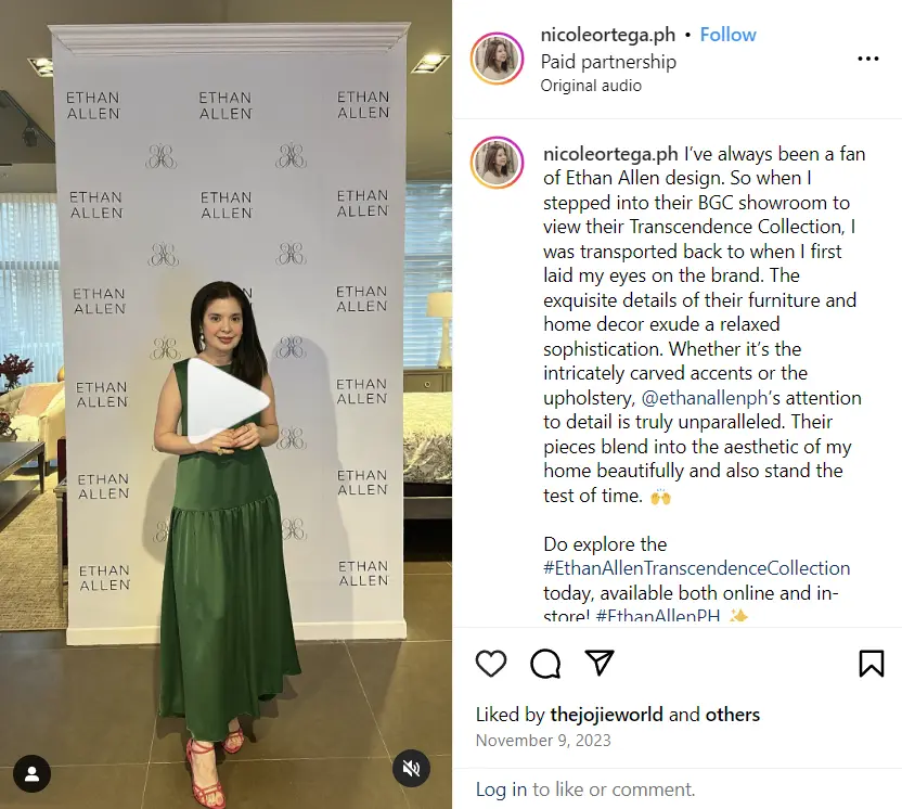 Screenshot of Nicole Ortega's IG reel from the Ethan Allen Transcendence Collection Campaign