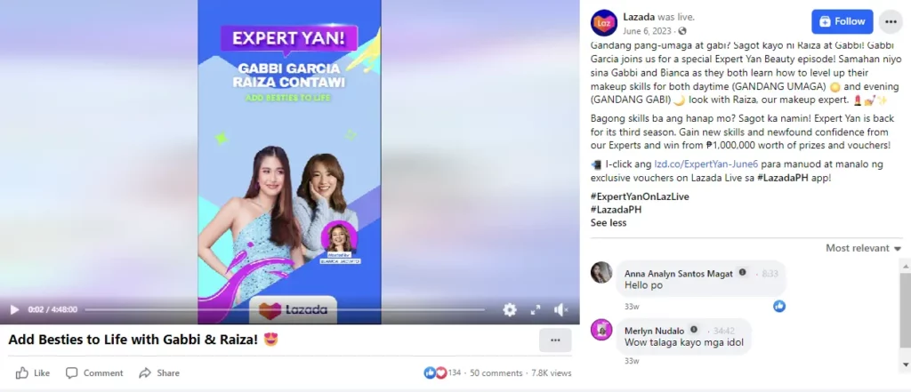 Screenshot of a successful filipino influencer partnership with Lazada