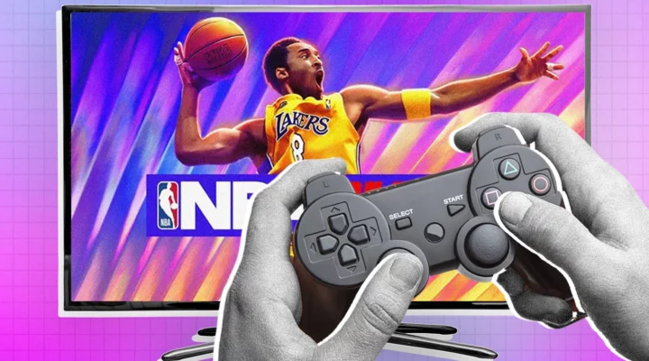 Photo of a person holding a gaming controller with the NBA 2K League APAC Invitational photo on a computer screen.